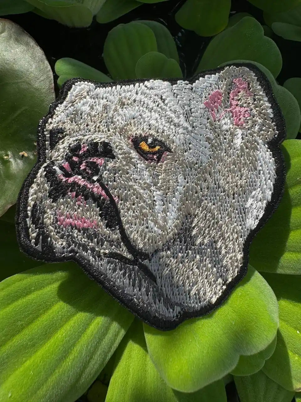 Bulldog embroidered patch close-up details
