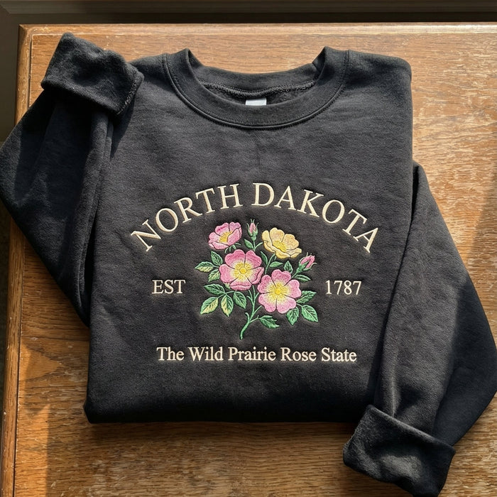 North Dakota Wild Prairie Rose Embroidered Sweatshirt – State Flower Botanical Gift Unisex Crewneck