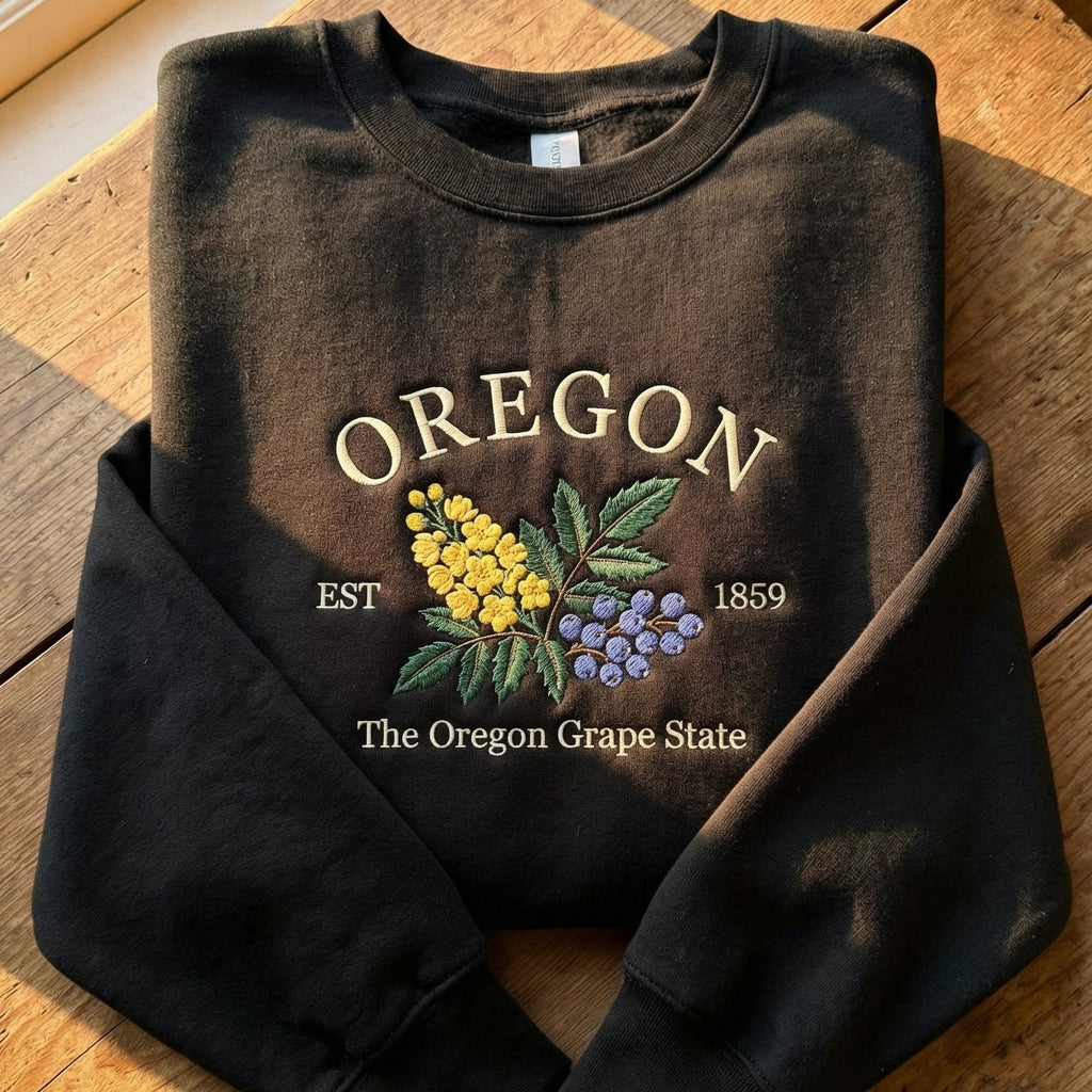 Charcoal black sweatshirt with detailed yellow Oregon Grape flowers and purple berries embroidery, reading Oregon EST 1859 The Oregon Grape State