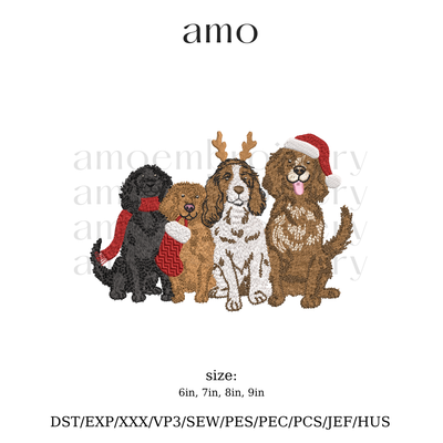 Christmas Dogs Embroidery Design (6–9in) | Holiday Puppy Embroidery File | Instant Download | AMO Embroidery