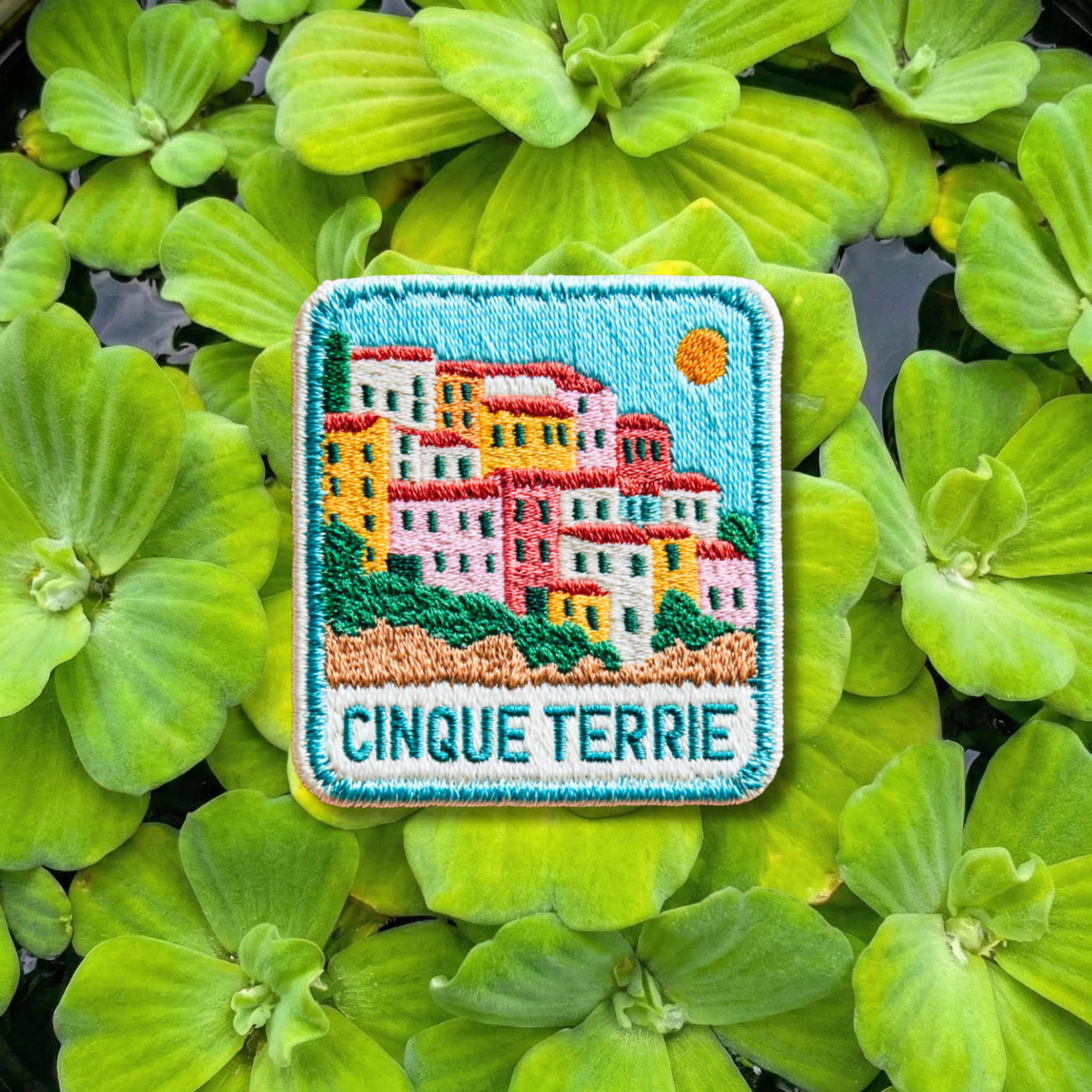 Cinque Terre Italy embroidery patch featuring colorful coastal village
