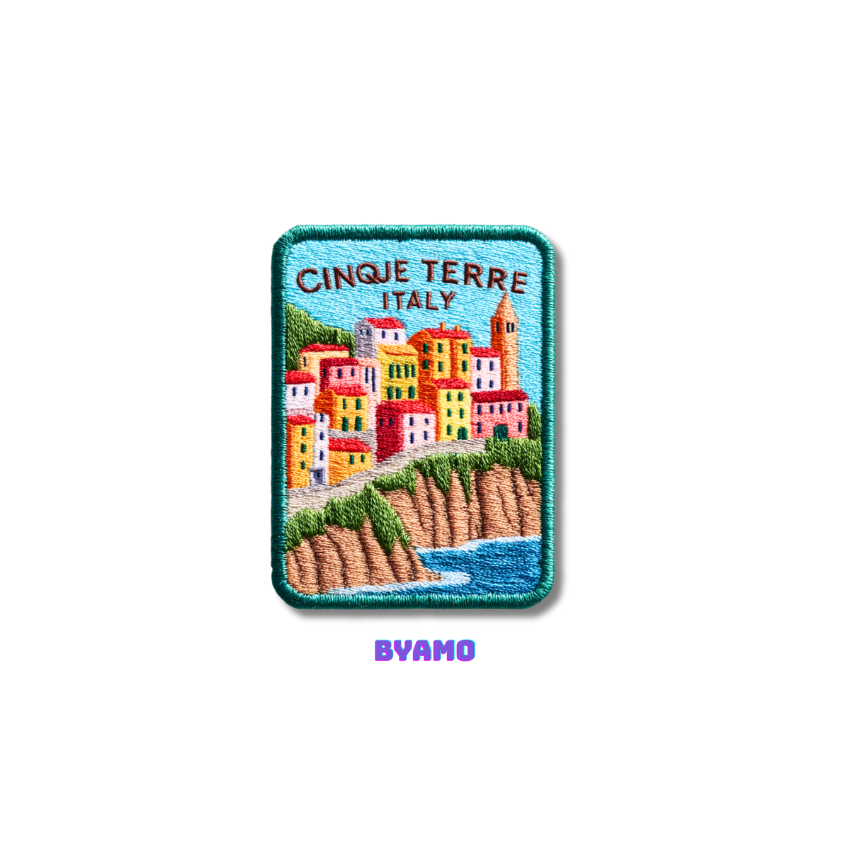Cinque Terre embroidered travel patch attached to backpack as Italy souvenir
