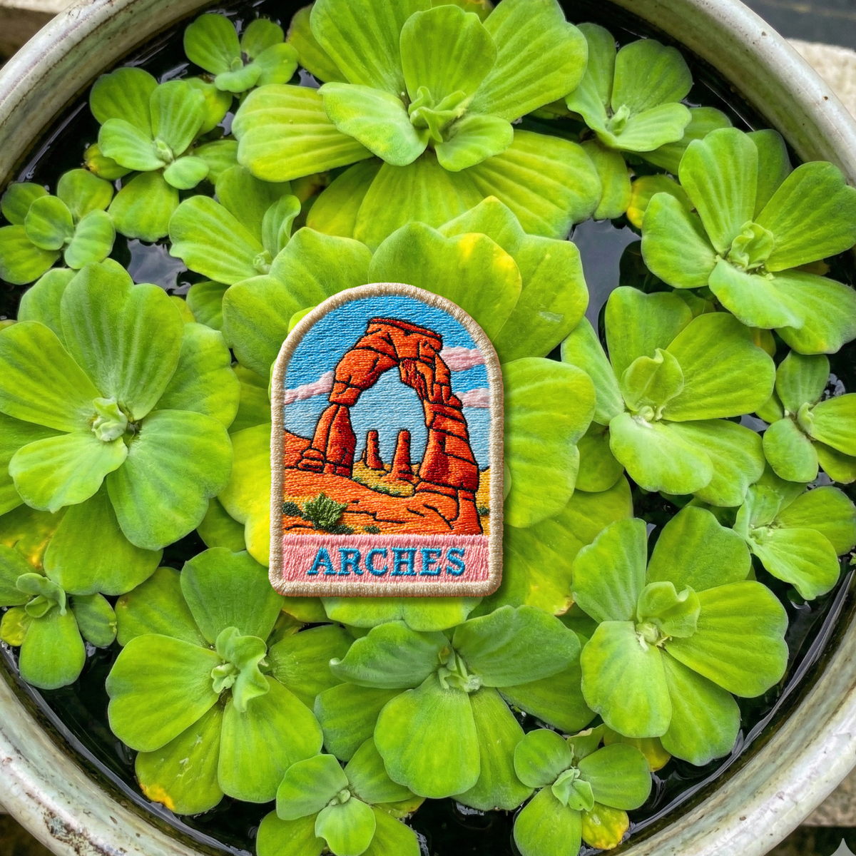 Close-up detail of high-quality stitching on Arches National Park embroidery patch
