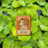 Close-up detail of high-quality stitching on Aries zodiac embroidery patch
