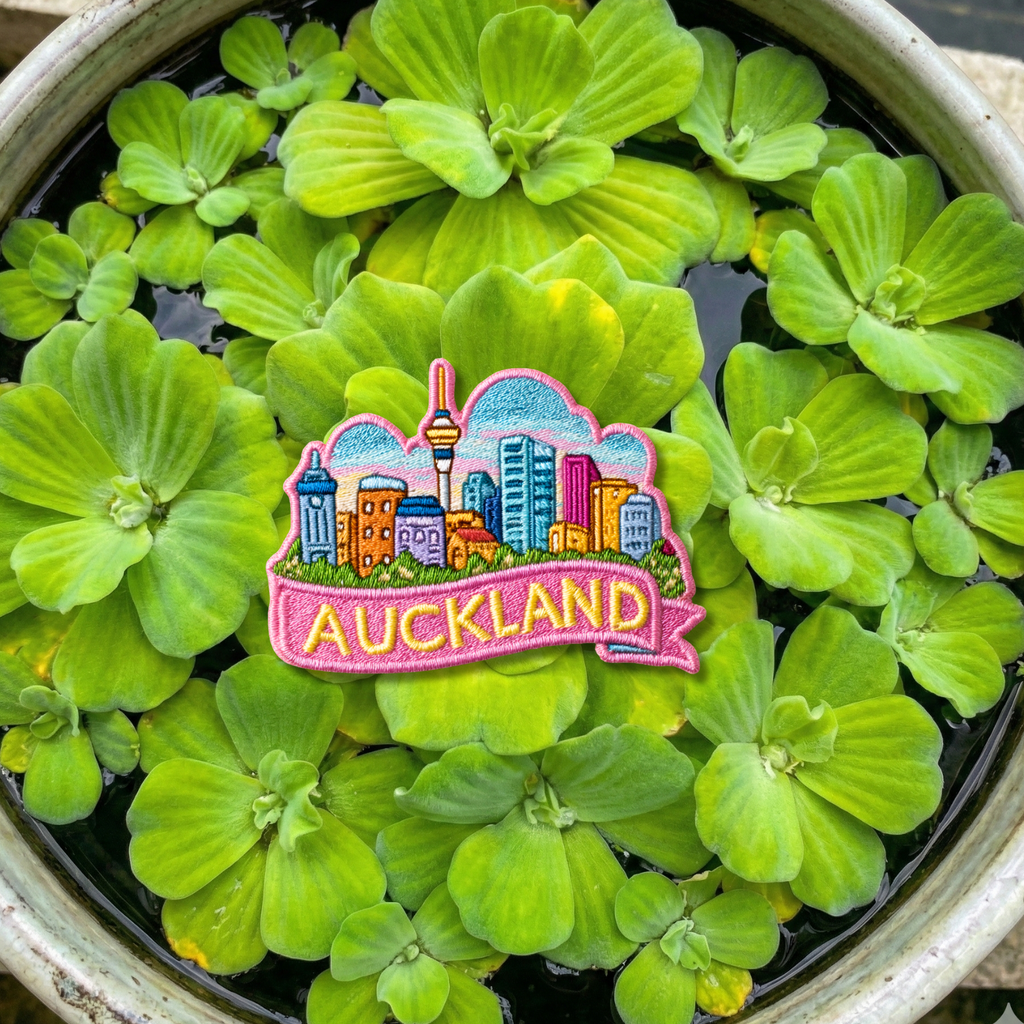 Close-up detail of high-quality stitching on Auckland skyline embroidery patch

