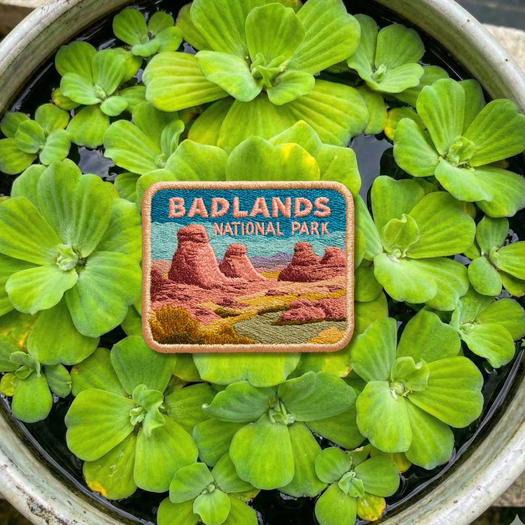Close-up detail of high-quality stitching on Badlands National Park embroidery patch
