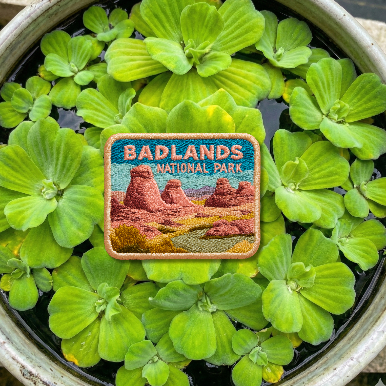 Close-up detail of high-quality stitching on Badlands National Park embroidery patch
