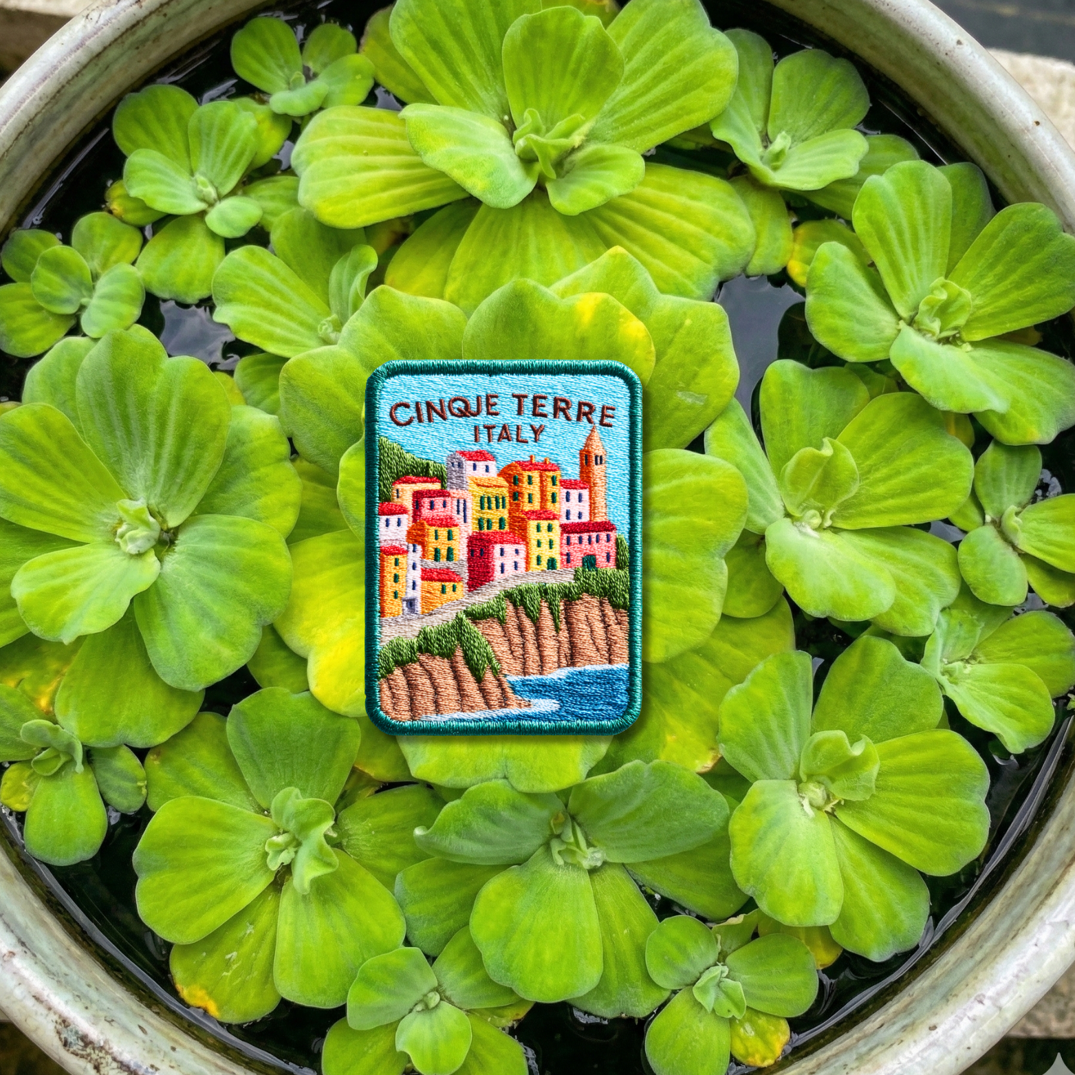 Close-up detail of high-quality stitching on Cinque Terre embroidery patch
