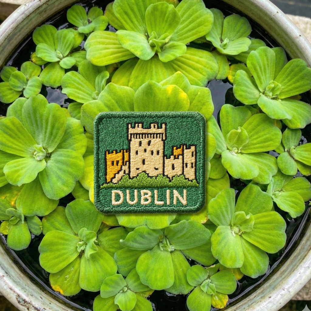 Close-up detail of high-quality stitching on Dublin castle embroidery patch
