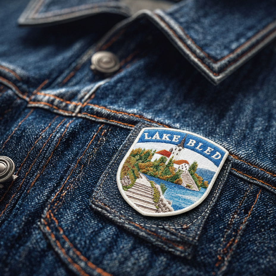 Close-up detail of high-quality stitching on Lake Bled embroidered travel patch
