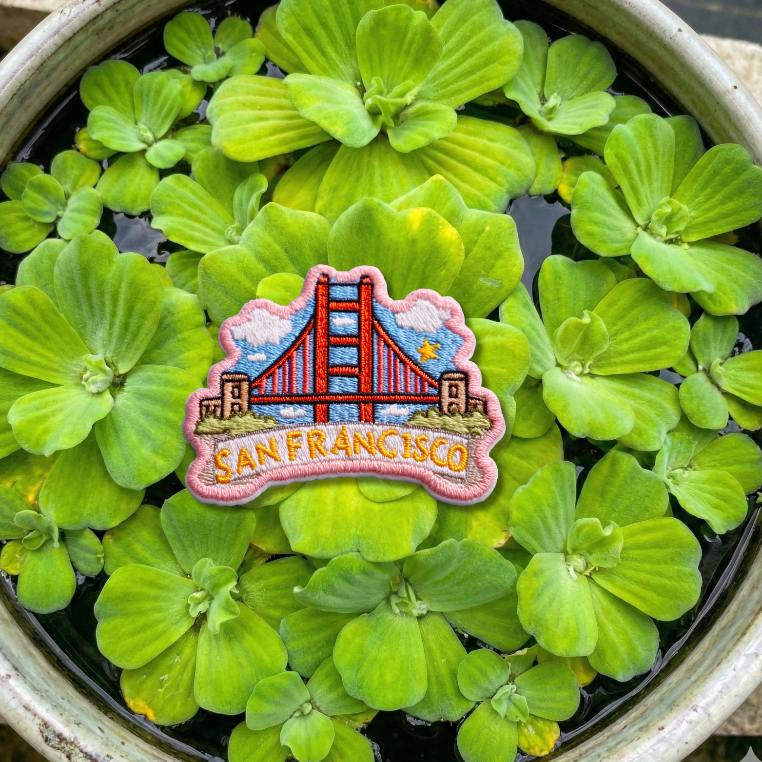 Close-up detail of high-quality stitching on San Francisco Golden Gate embroidery patch
