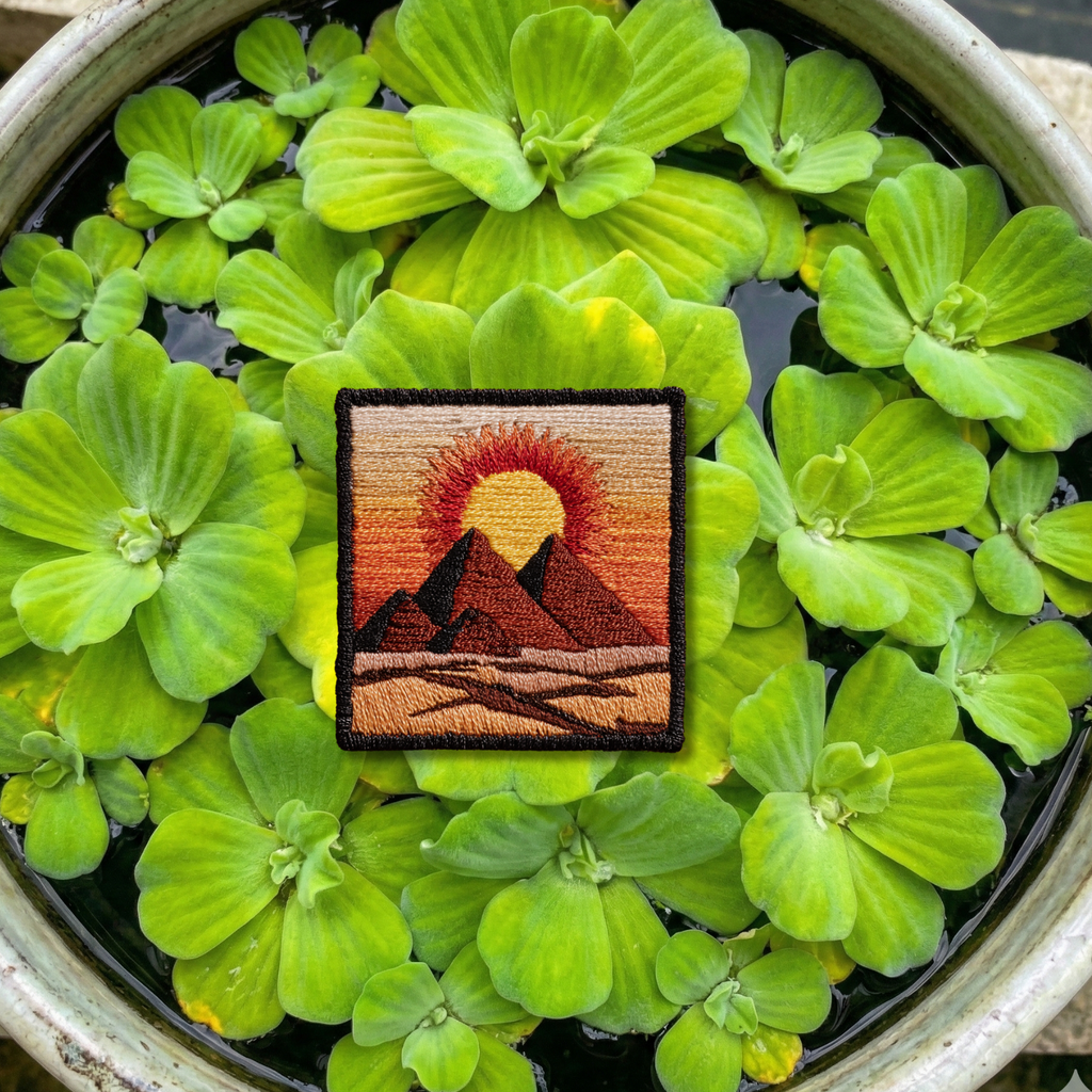 Close-up detail of stitching on desert pyramids sunset embroidery patch
