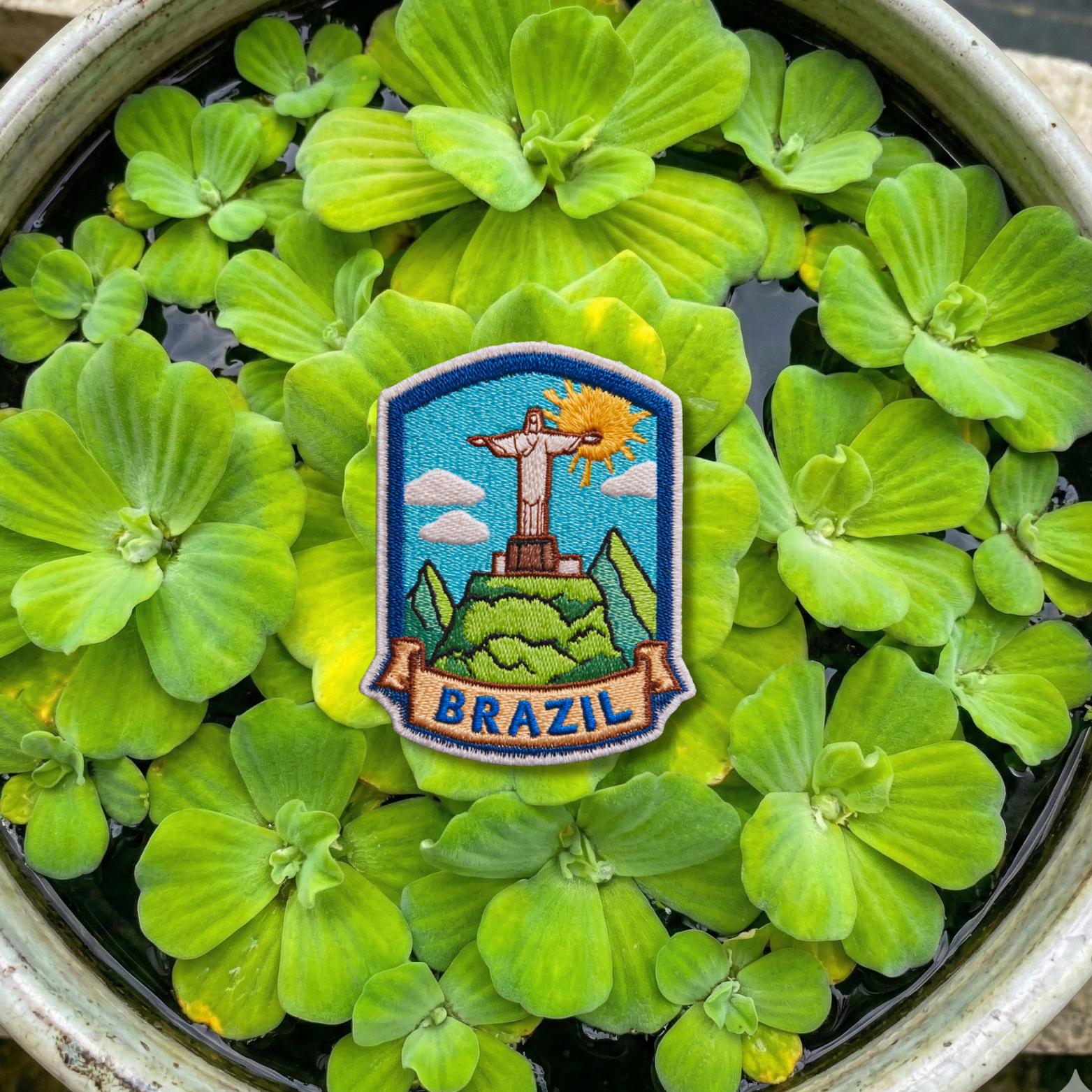 Close-up embroidery details of Brazil Christ the Redeemer patch
