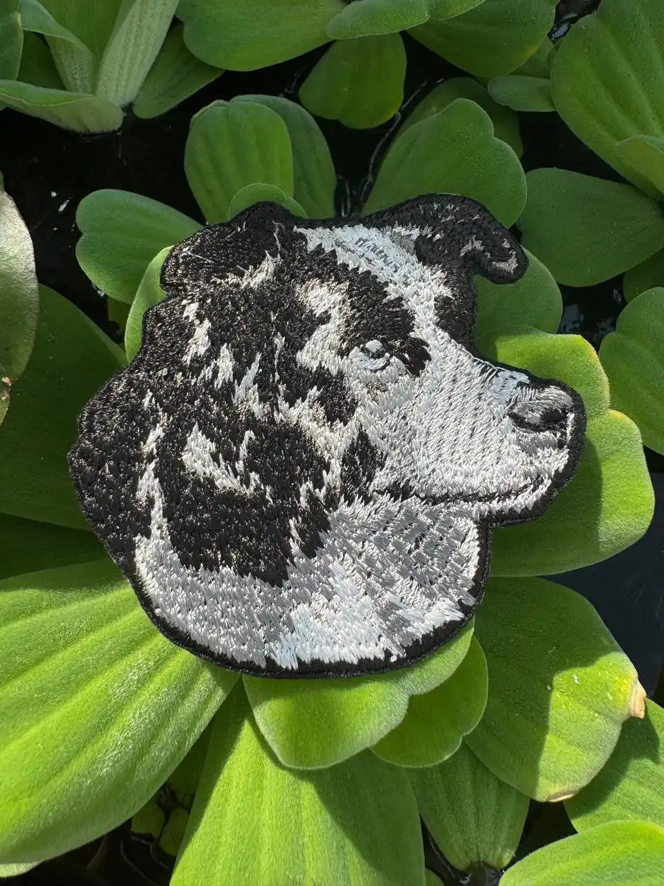 Close-up of Border Collie dog portrait embroidery patch – cute gift idea