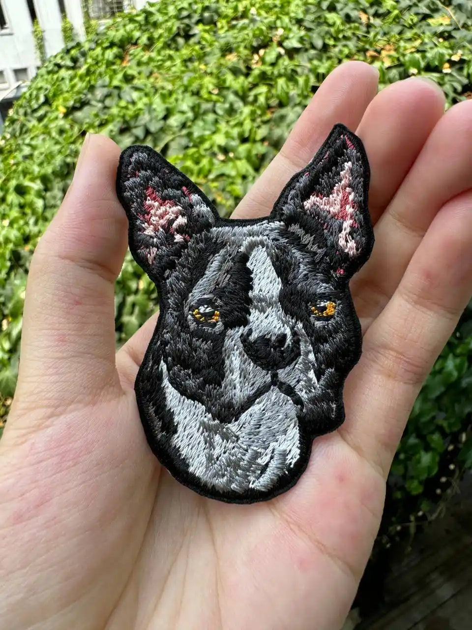 Close-up of Boston Terrier dog face embroidery