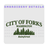 Close-up of Forks city name and rainforest embroidery 