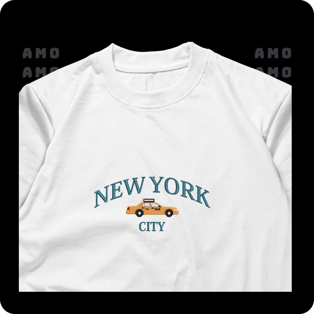 Close-up of New York skyline embroidery 