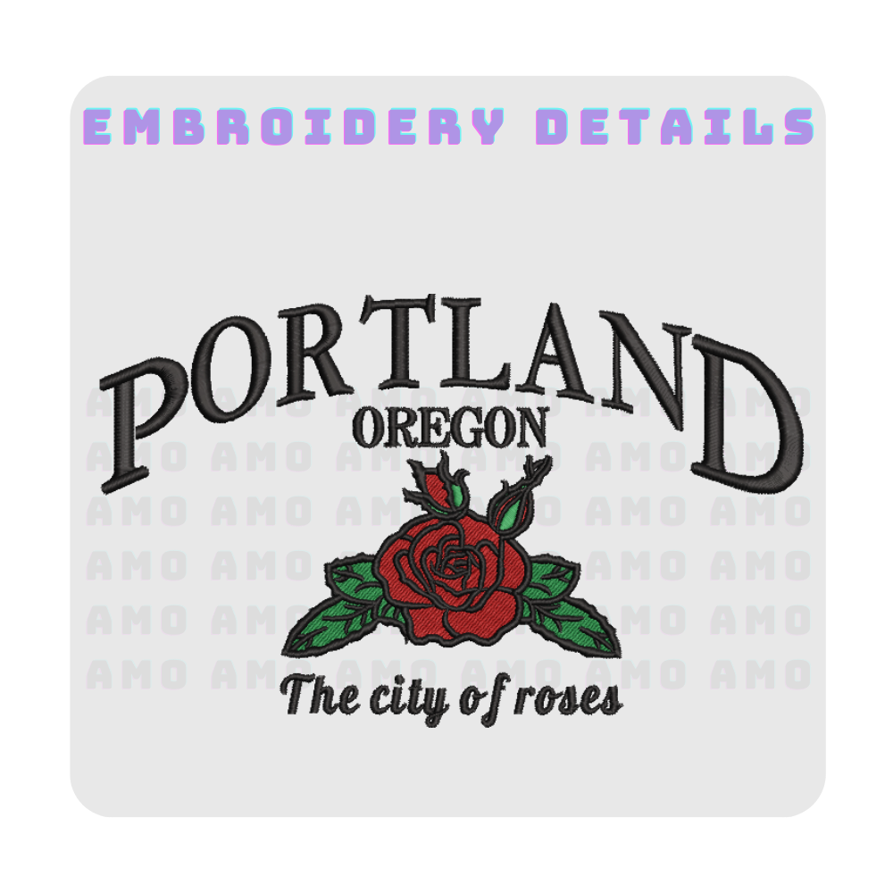 Close-up of Portland city name and rose embroidery  