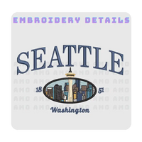 Close-up of Seattle embroidery on t-shirt