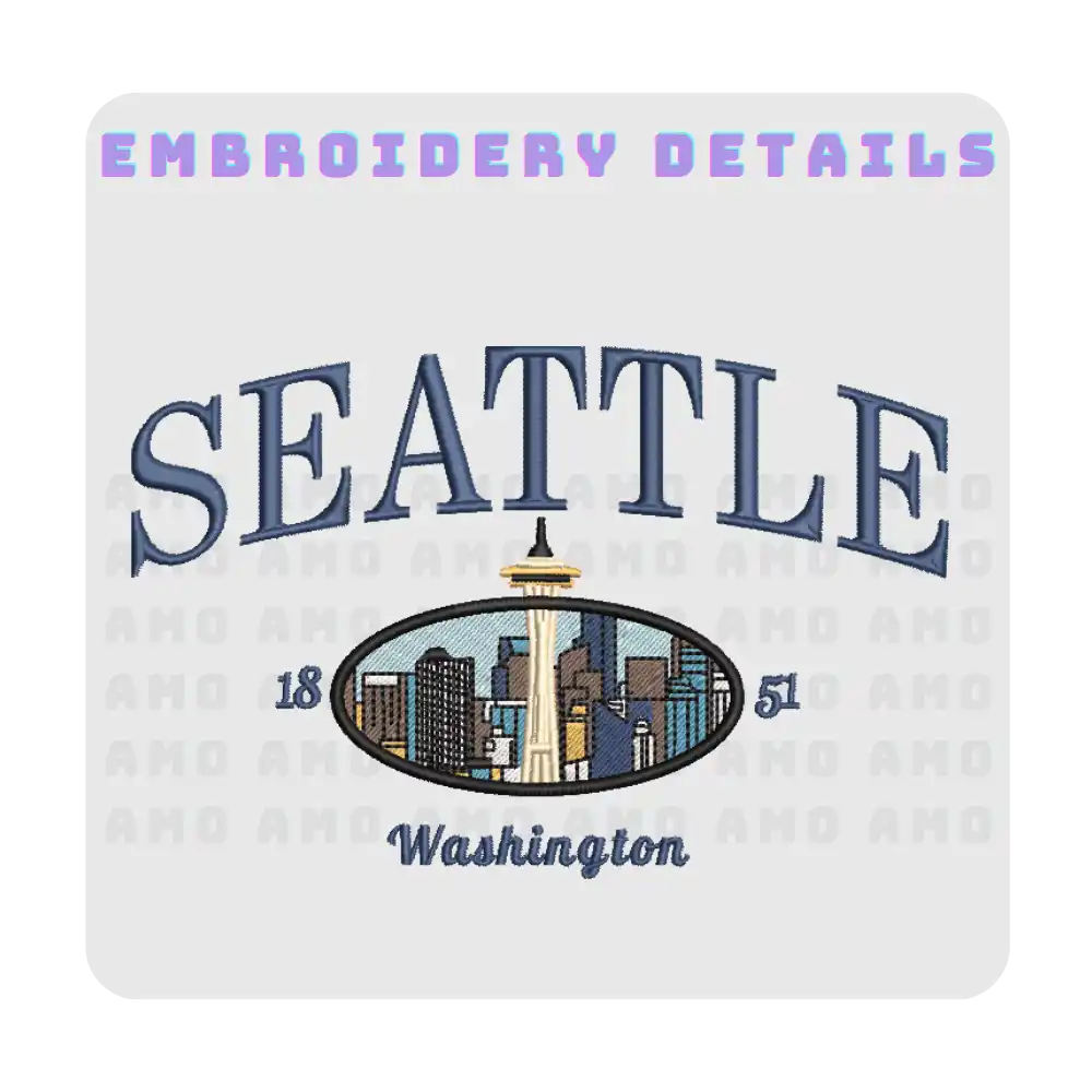 Close-up of Seattle embroidery on t-shirt