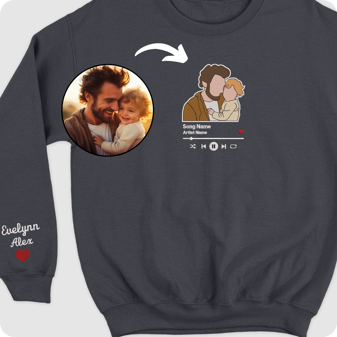 Close-up of custom embroidery on gray sweatshirt