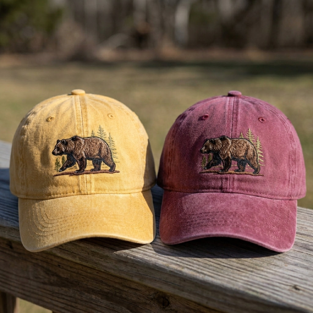 Close-up of detailed bear embroidery on cotton wildlife cap