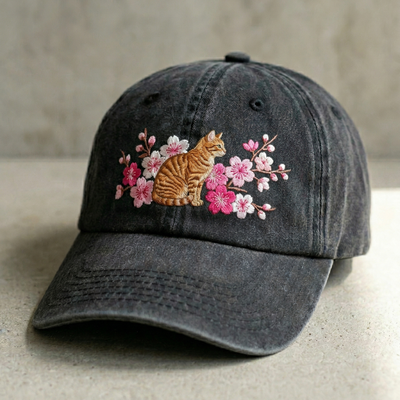 Cat and Flower Embroidered Baseball Cap Washed Cotton
