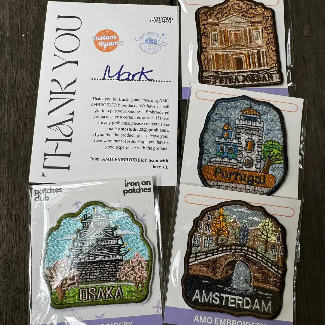 Close-up of iron-on Petra souvenir patch for travel lovers