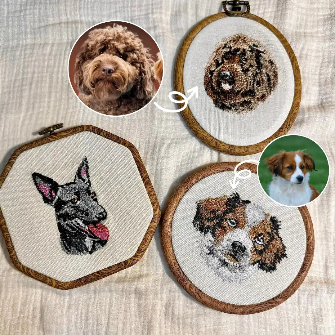 Machine embroidered dog portrait in wooden hoop