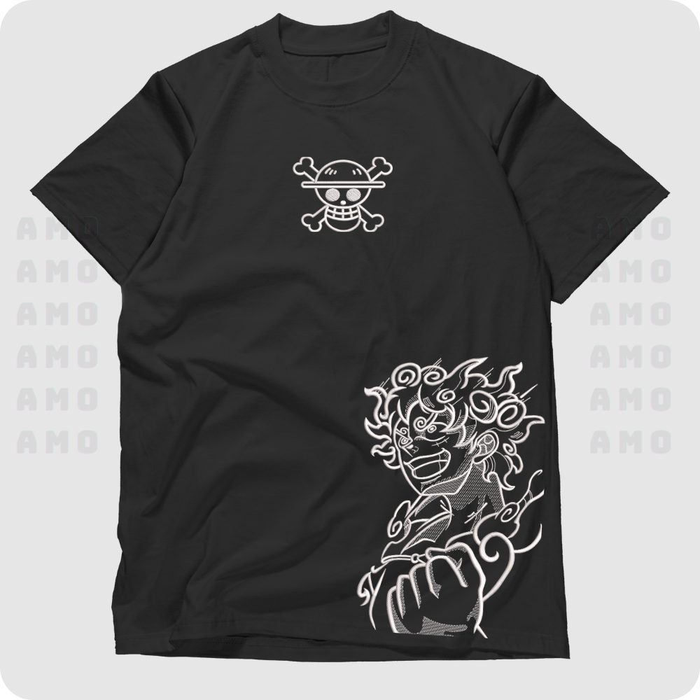 Custom embroidered Luffy shirt on black tee