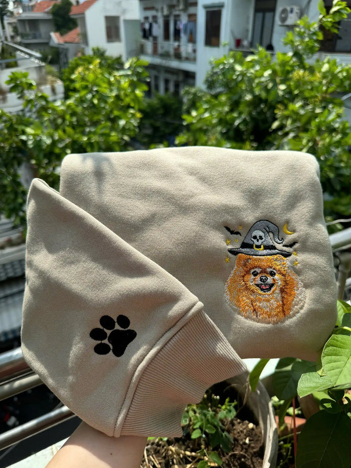 Custom Pet Embroidered Sweatshirt – Personalized Dog or Cat Halloween Hoodie, Custom Pet Portrait on Crewneck Sweater