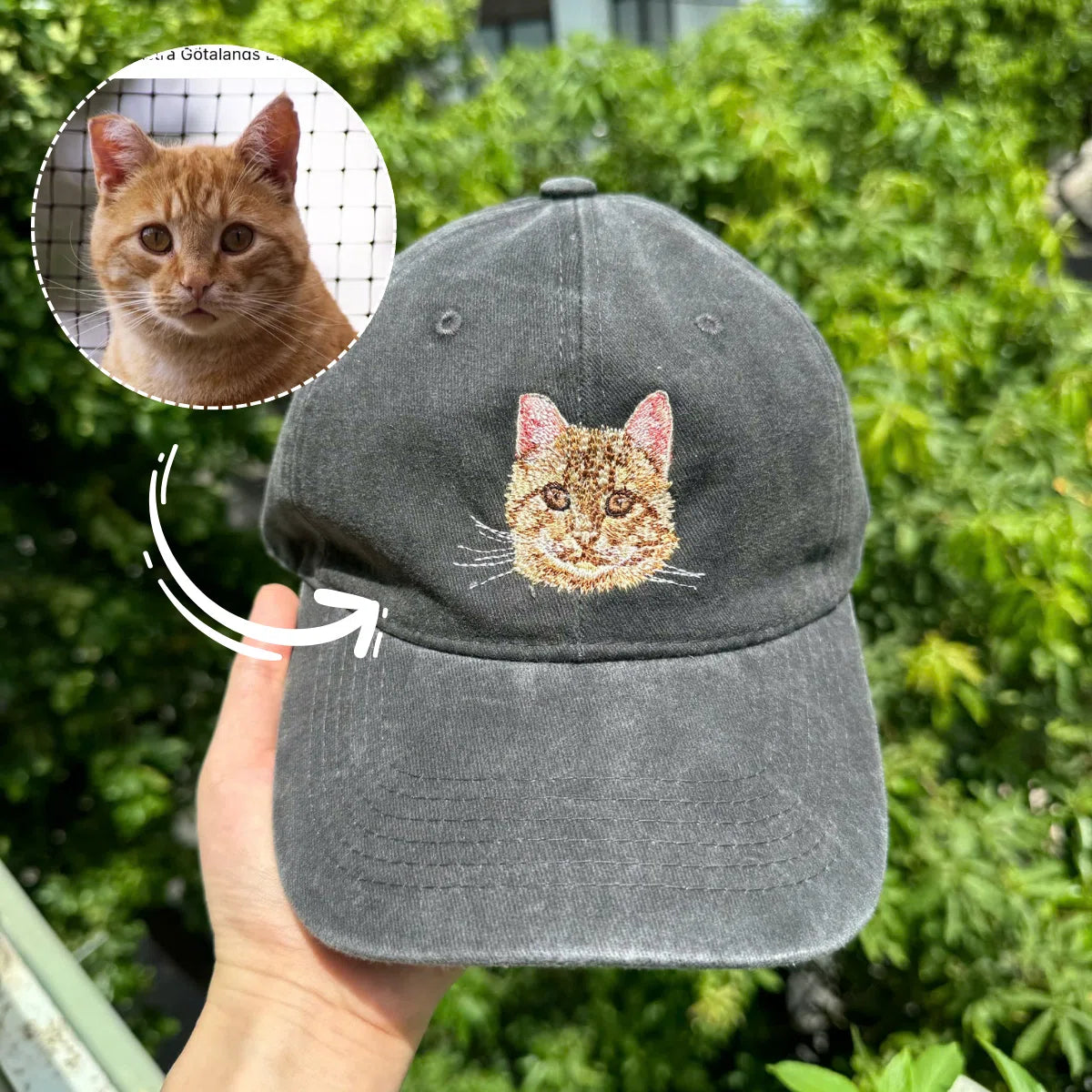 Custom embroidered pet portrait hat with cat face on dad cap