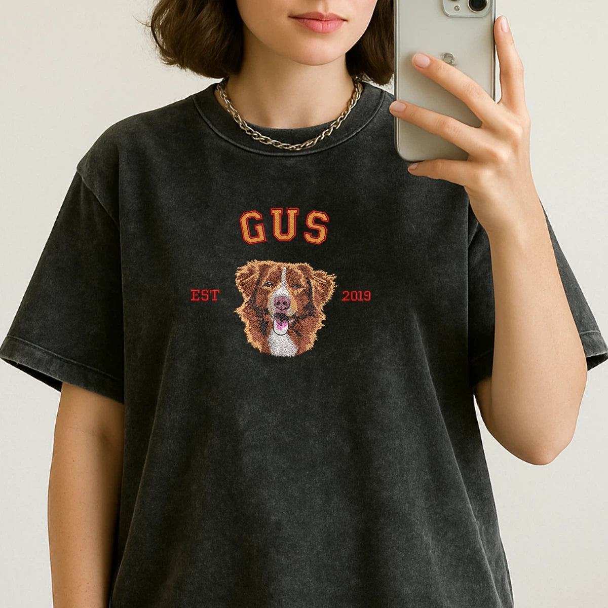 Custom pet embroidery on green washed T-shirt
