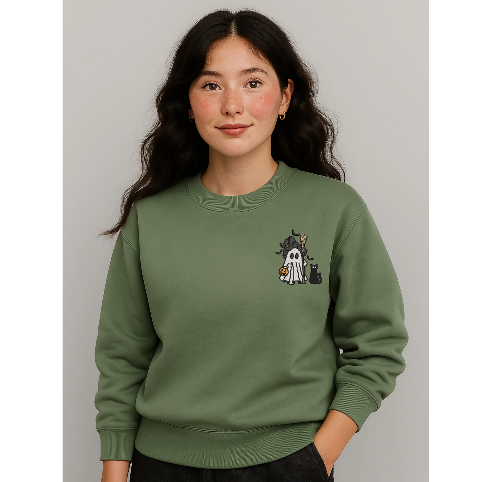 Cute ghost and black cat embroidered sweatshirt