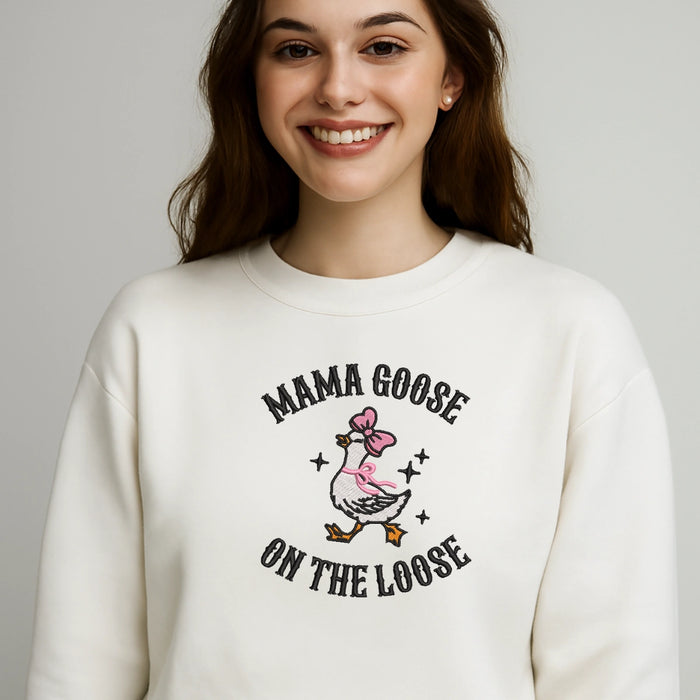 Mama Goose On The Loose Embroidered Sweatshirt – Funny Vintage Goose Cozy Pullover