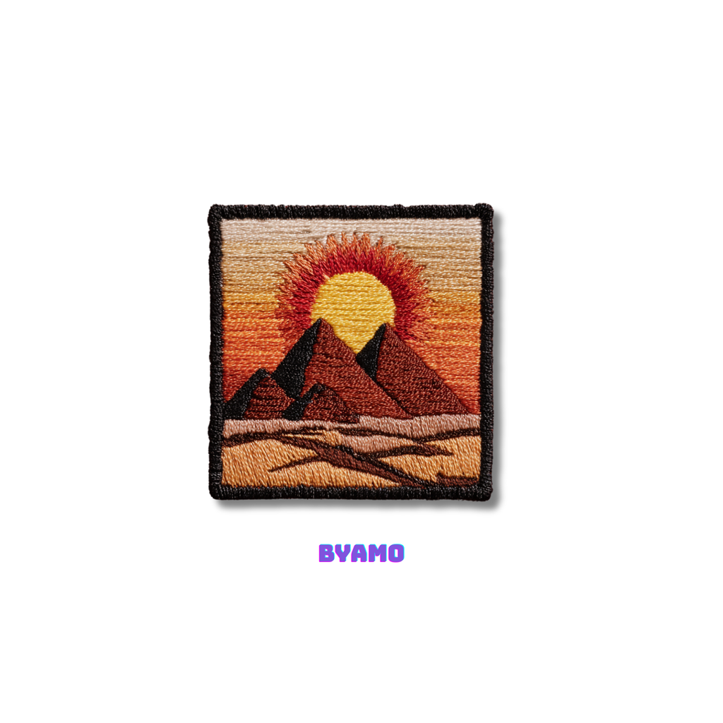 Desert pyramids embroidered patch attached to jacket as travel-inspired accessory
