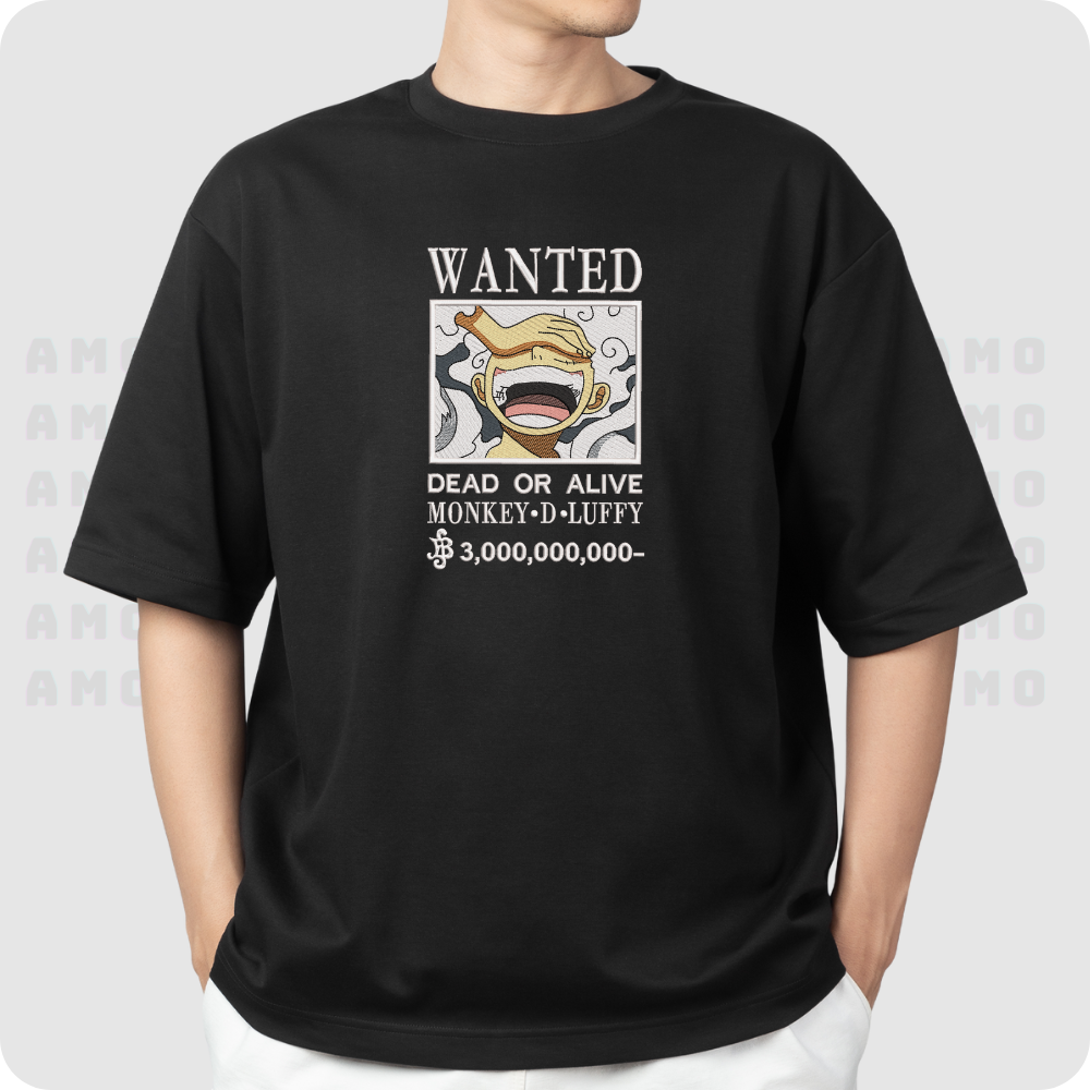 Embroidered Luffy Wanted poster on cotton t-shirt