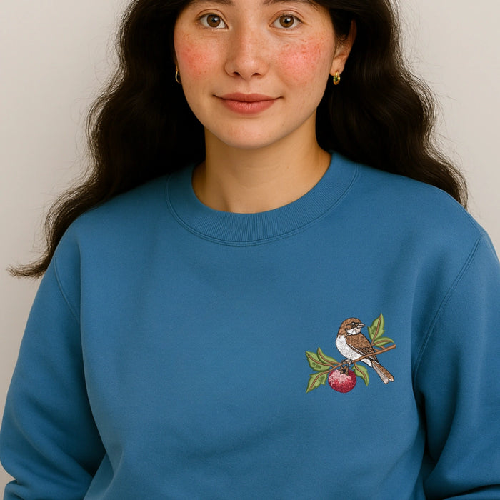 Embroidered Bird on Branch Sweatshirt – Cottagecore Nature Blue Pullover