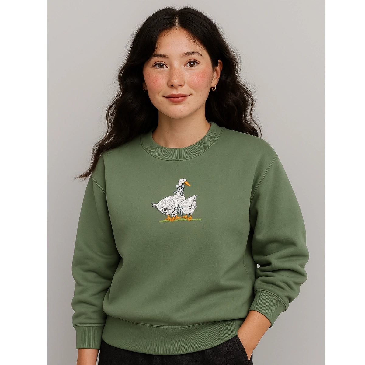 Embroidered goose family crewneck sweater