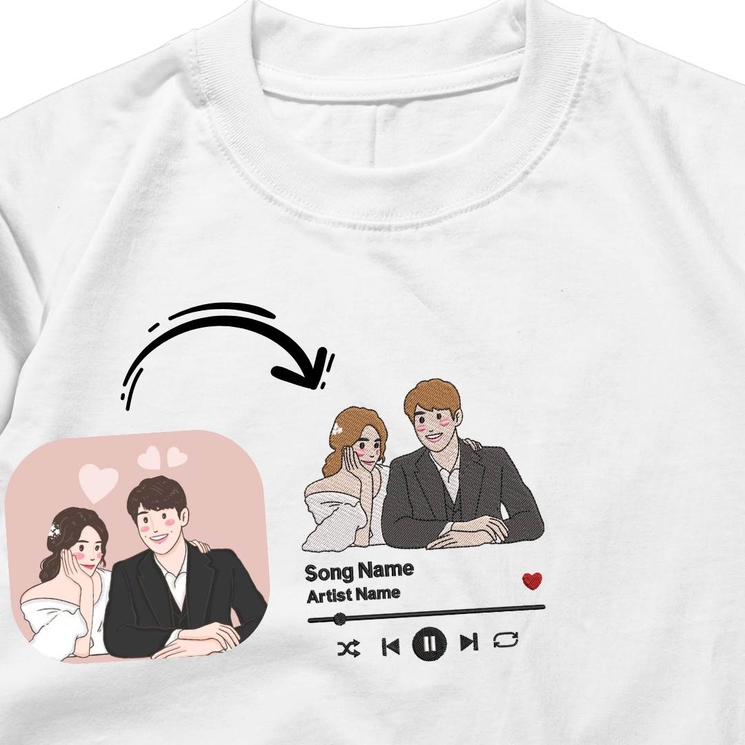 Embroidered portrait of couple on white cotton tee

