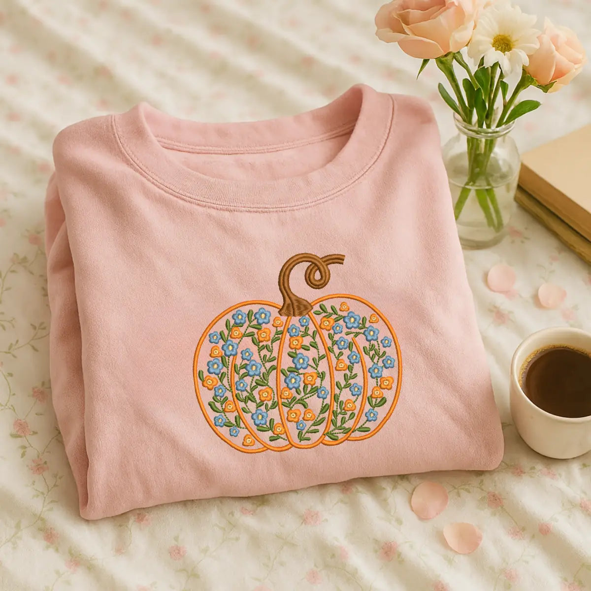 Floral pumpkin embroidered sweatshirt unisex