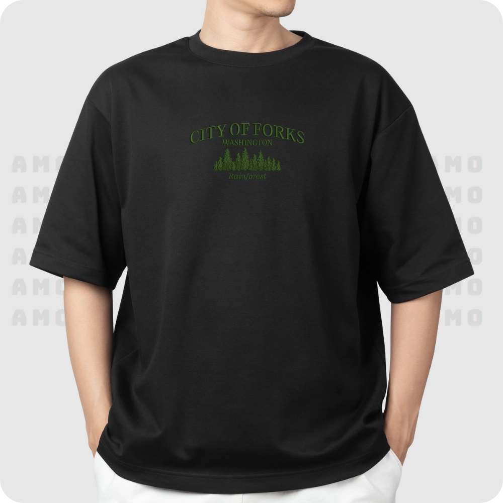 Folded Forks city t-shirt with embroidery visible  