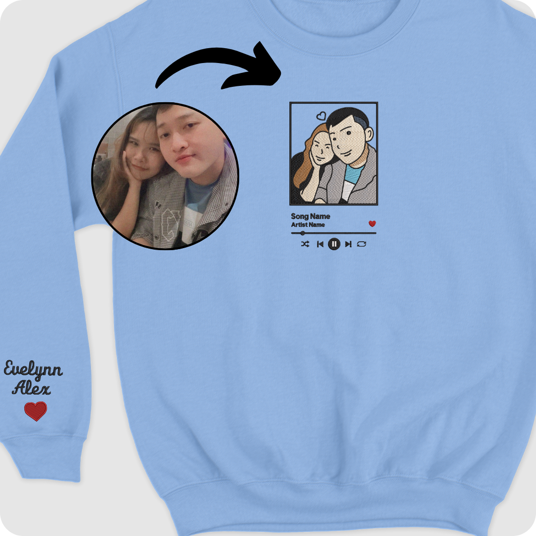 Friends’ portrait custom stitched on cozy crewneck