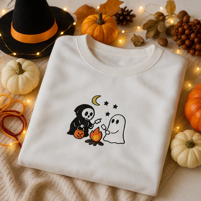 Ghost & Grim Reaper Embroidered Sweatshirt – Cute Halloween Campfire Pullover