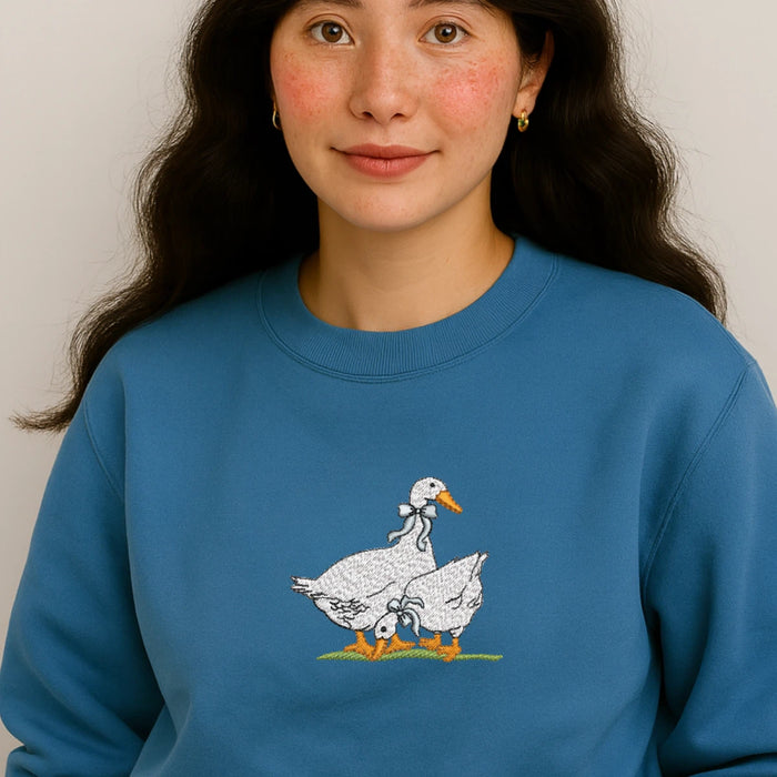 Goose Family Embroidered Sweatshirt – Vintage Farmcore Blue Pullover