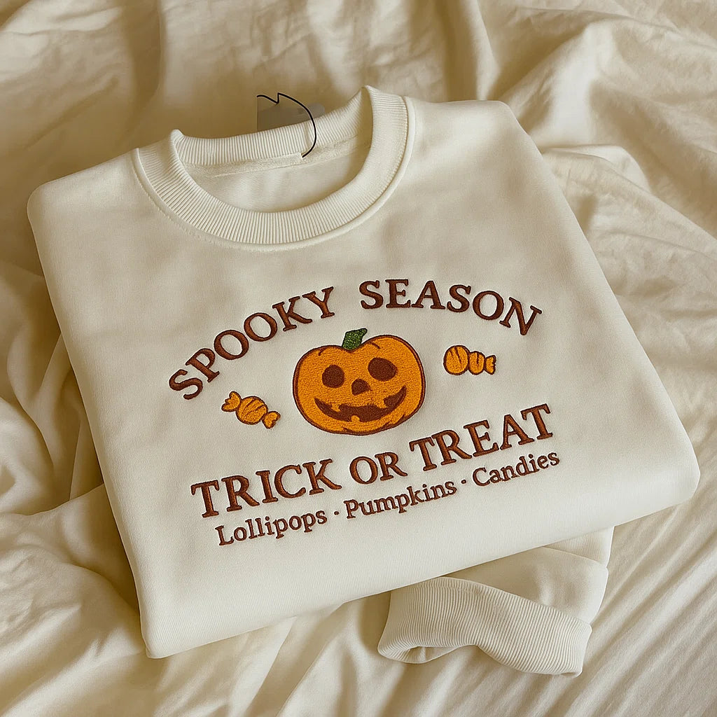 Green trick or treat embroidered Halloween pullover