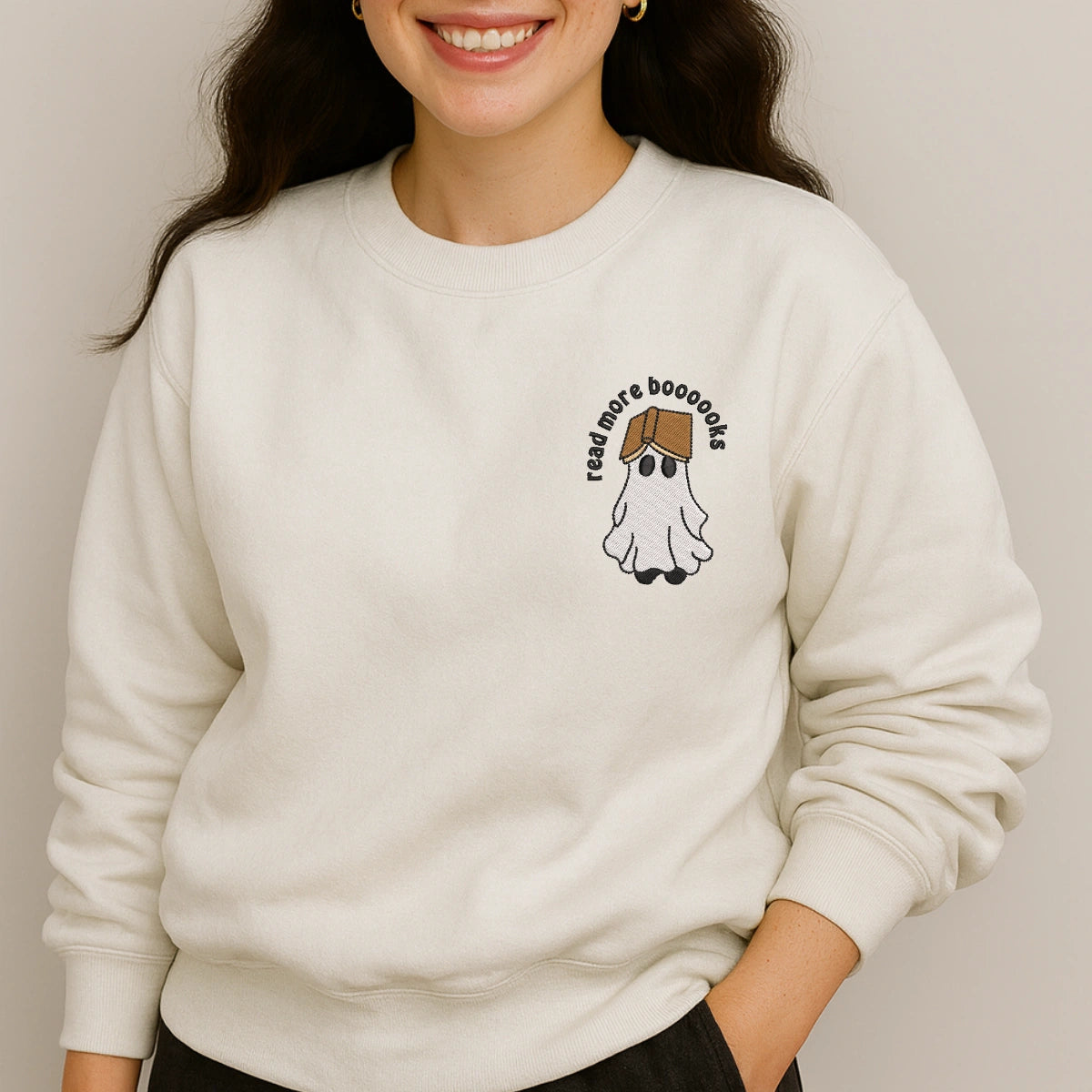 Halloween book lover embroidered pullover
