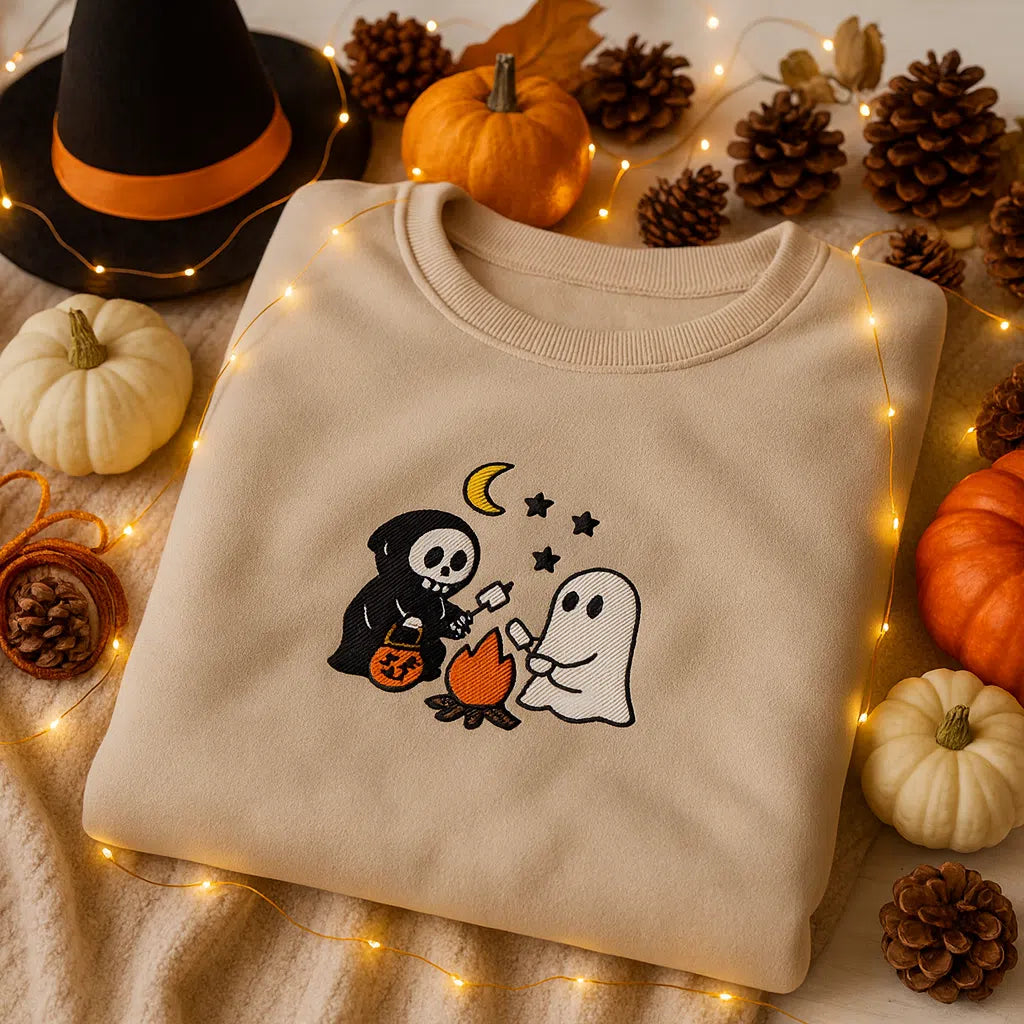Halloween campfire embroidery sweatshirt beige