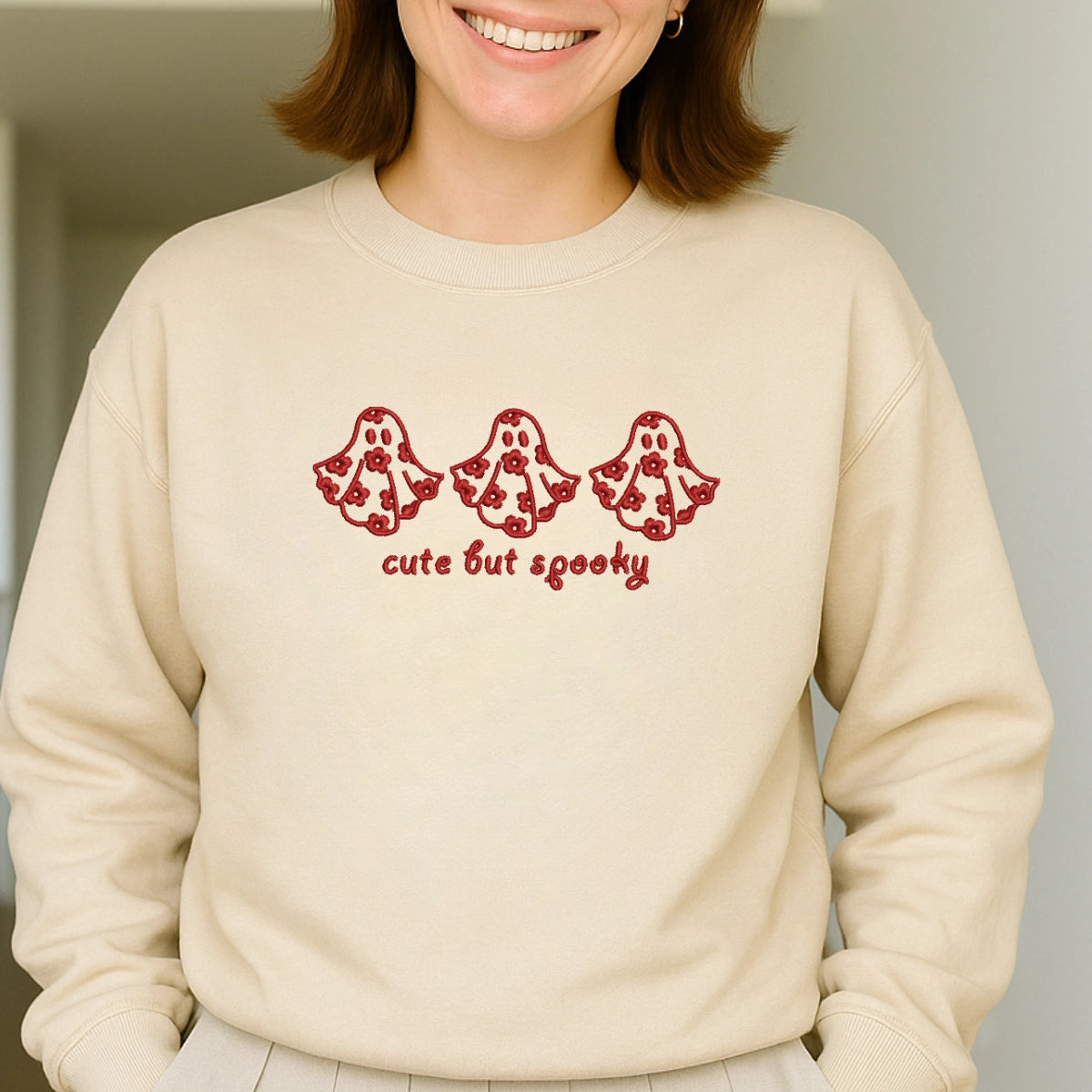 Halloween ghost embroidery sweatshirt pink