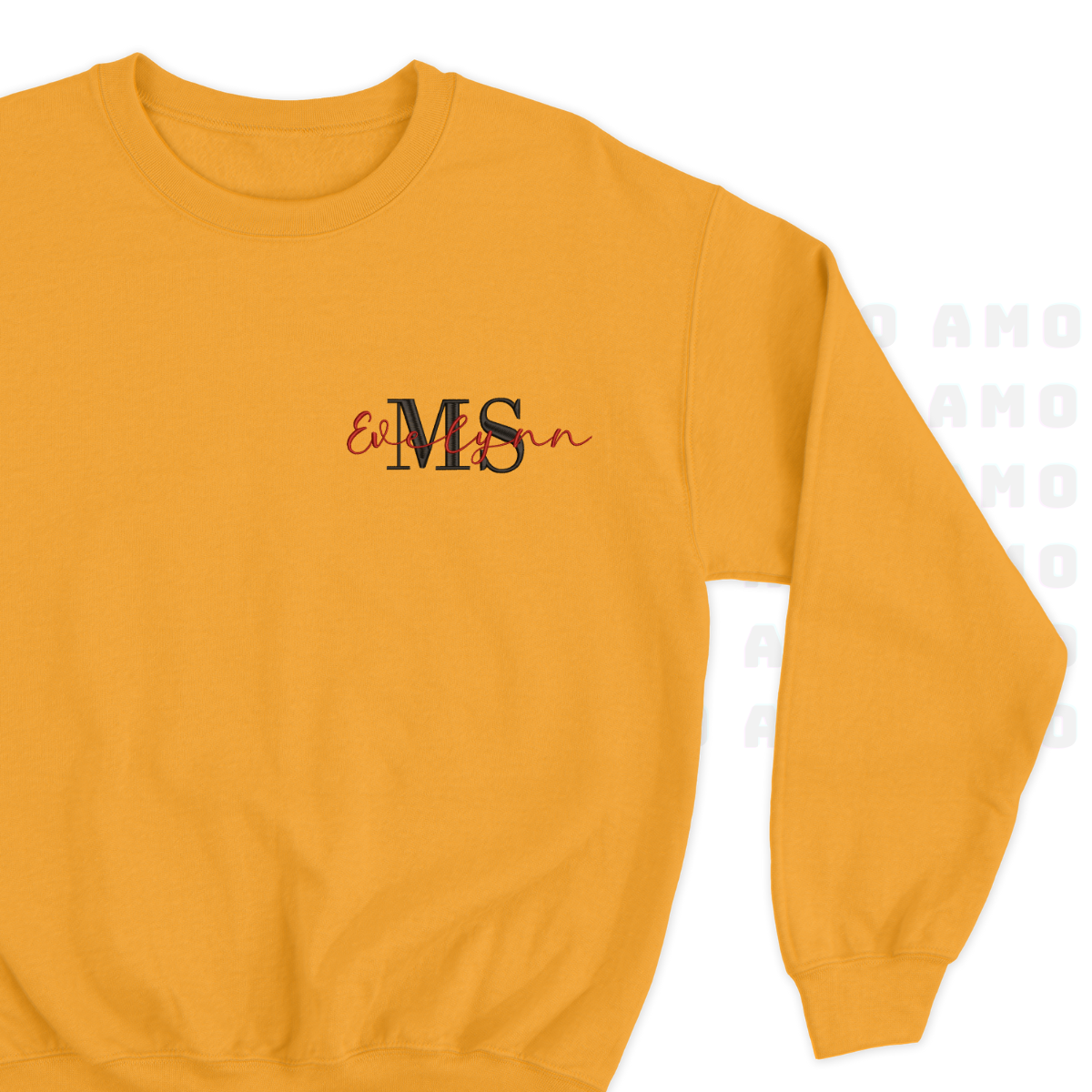 Happy bride wearing personalized Mrs. sweatshirt
